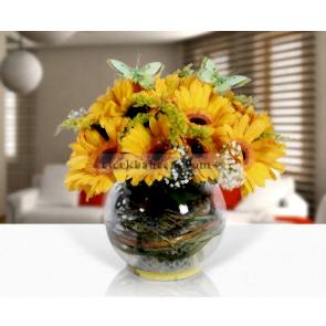 Cam Fanus İçine Sarı Gerbera Çiçeklerinden Hazırlanmış Aranjman