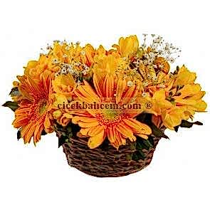 Örme Sepet İçine Sarı Gerbera ve Kır Çiçeklerinden Aranjman 