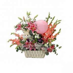 Sepet İçerisine Pembe Lilyum,Glayor ve Balon Hoşgeldin Bebek