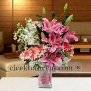 Pembe Gerbera,Lilyum ve Beyaz Şebboy Aranjmanı